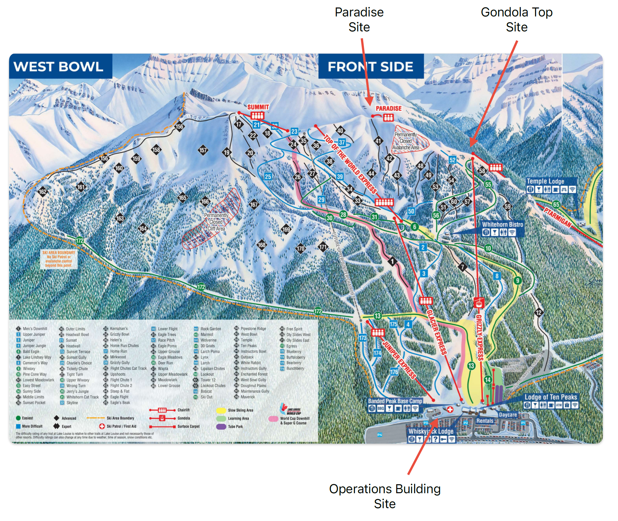 Ski area map showing Paradise Site, Gondola Top Site, and Operations Building Site